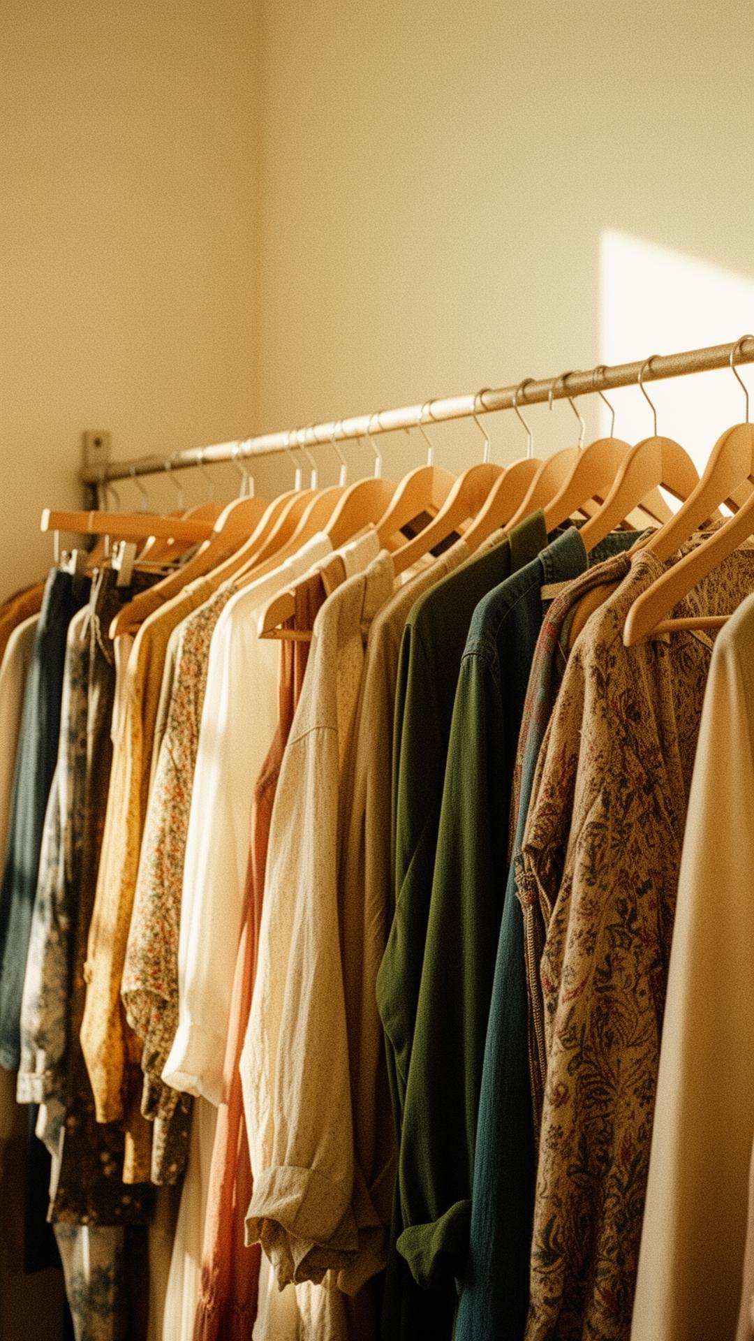 Curated vintage clothing on wooden hangers at Eye Thrift